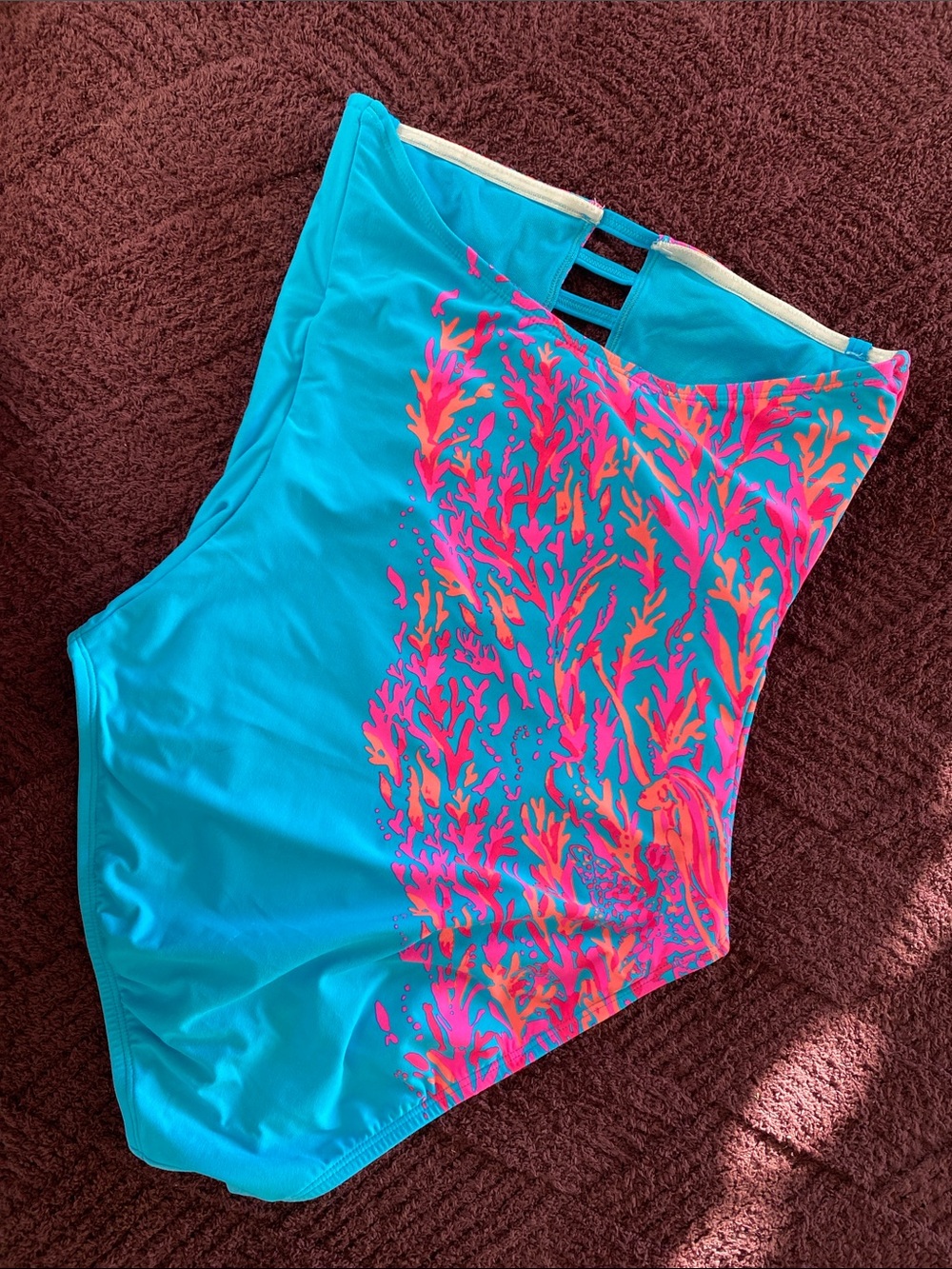 Lilly Pulitzer Turquoise One-Piece Swimsuit with Neon Coral Print - Picture 2 of 6